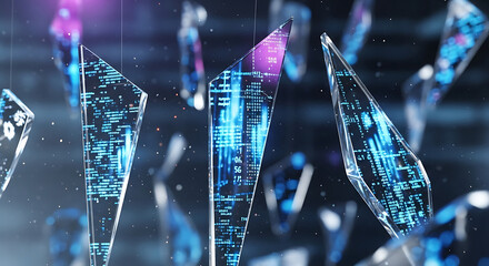 Abstract visualization of a shattered digital reality, with flying glass fragments reflecting futuristic circuit board patterns and glowing neon lights