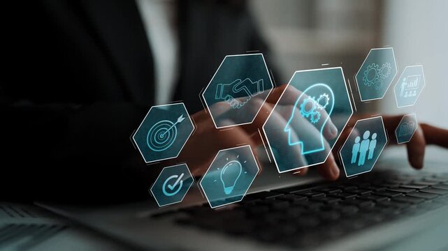 Head with gear and icons representing learning, digital training, and development process, showing skill growth for human or AI systems through knowledge or task optimization Marrow