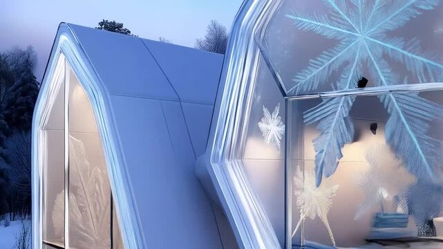 A modern house covered in snow with snowflake decals on the windows in a winter wonderland scene