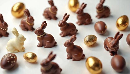 Fototapeta premium Collection of chocolate bunnies and shiny gold easter eggs arranged on a clean white surface. Some bunnies have decorative collars and one is made of white chocolate.