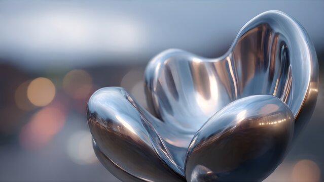 Glistening Abstract Metallic Sculpture Reflecting City Lights at Dusk - Powered by Adobe