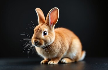 Obraz premium Adorable orange rex rabbit sits on black surface. Small furry animal with long ears looks curious. Cute pet rabbit poses for Easter or spring themes.