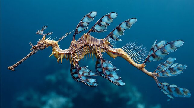 Stunning leafy sea dragon glides gracefully through vibrant blue ocean waters, showcasing intricate camouflage and unique marine beauty