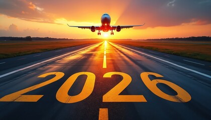 Airplane taking off on runway during sunset. Number 2026 painted on tarmac. Aircraft flying over the runway in golden sunlight. Future travel new year concept.