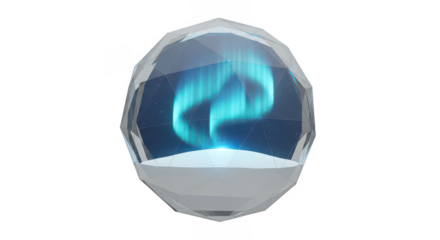 Aurora borealis encapsulated in a faceted crystal sphere, displaying a mesmerizing light show, an enchanting natural phenomenon isolated on transparent background