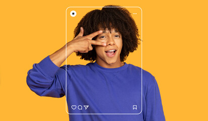 A cheerful young person poses with a playful gesture, framed by a creative digital collage. The background is bright and vibrant, adding to the energetic mood of the scene.