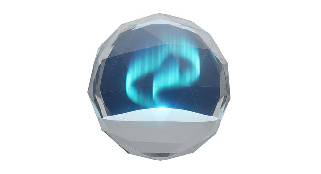 Aurora borealis encapsulated in a faceted crystal sphere, displaying a mesmerizing light show, an enchanting natural phenomenon isolated on transparent background