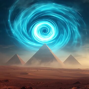 Time portal opening above pyramids during sandstorm &mdash; ancient Egypt meets interdimensional future (Video Loop)