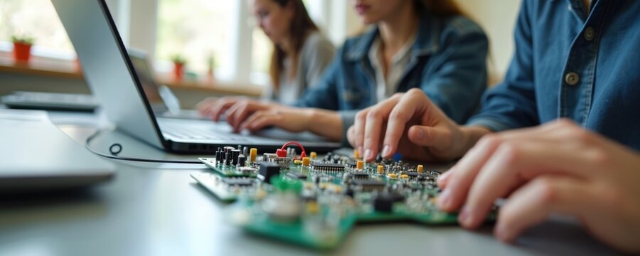 Students work with computer and circuit board in lab. Young team builds tech project on campus. People collaborate on STEM research for college course.
