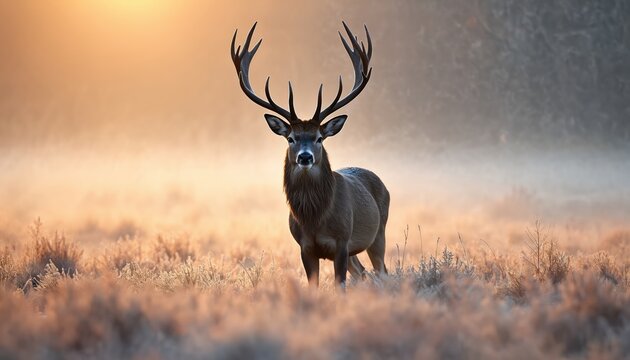 Majestic red deer stag stands in frosty meadow at sunrise. Majestic antlers, thick fur coat. Wild animal in natural habitat during cold winter morning.