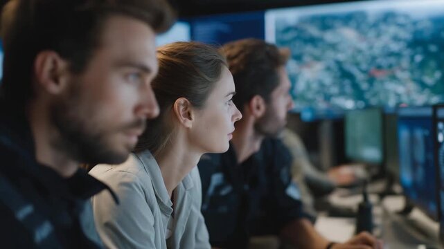 Team of civil defense specialists analyzing digital storm impact simulations, using predictive AI and 911 emergency systems to optimize evacuation and public safety, symbolizing high-tech disaster
