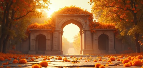 Ornate stone archway covered in vibrant marigold flowers. Path strewn with blooms, trees adorned with orange blossoms. Golden sunlight filters through foliage, illuminating festive Indian scene.