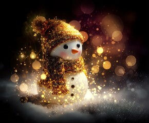 Adorable snowman in a cozy hat and scarf glowing with golden holiday lights. Magical winter scene filled with sparkling bokeh, festive warmth, and charming Christmas wonder in the snowy night.