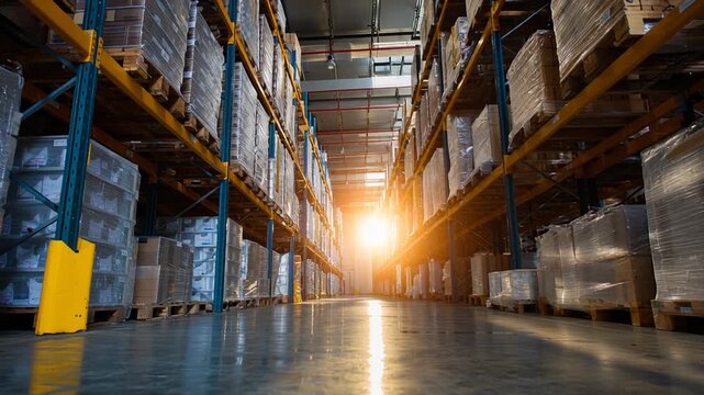 Man walking warehouse aisle toward sunlight, wearing safety vest and cap, passing tall metal shelves stacked with cardboard boxes and wrapped pallets, cinematic