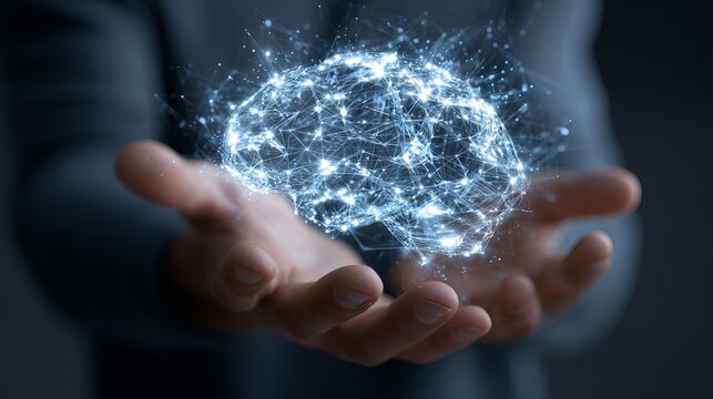 Innovative digital brain concept glowing with bright connections held gently in open hands symbolizing intelligence and technology advancement
