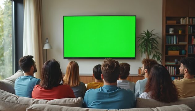 Group of diverse young friends sit on cozy sofa at home. Watching big television with bright green screen. People enjoy sport match, film, show together in modern living room. Friends relax, bond,