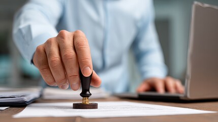 Professional hand stamps official document with approval seal in modern office setting, signifying legal process and commitment