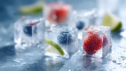 Cooling Infusion Berries and Citrus Frozen in Crystal Clear Ice Cubes