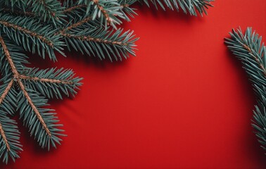 Evergreen pine branches on a bold red background create a festive Christmas vibe. Minimal holiday composition perfect for winter decor, seasonal greetings, gift cards, and cozy Christmas inspiration.