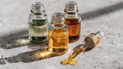 Radiant Organic Serums Collection of natural essential oils in glass dropper bottles on a textured surface, illuminated by sunlight