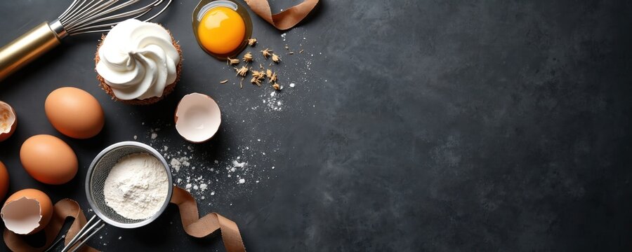 Baking ingredients and whisk on dark surface. Eggs, flour, cupcake with cream and kitchen utensil ready for baking cake. Delicious dessert prep.