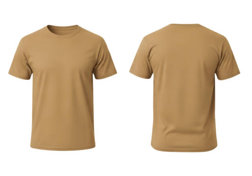 Blank Tan T-Shirt Mockup Front and Back Views Isolated on Transparent Background PNG for Apparel Design
