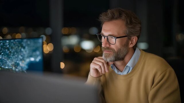 Technician comparing live production data with virtual twin visualization on holographic screen, emotion of focus visible, representing predictive analytics, industrial optimization, and AI-driven