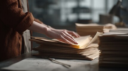 Female adult organizing documents in office with soft lighting