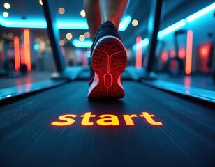 Person steps on treadmill with start glowing on floor. Modern gym setting with neon lights provides energetic workout ambiance. Focus on shoe and motion initiates fitness journey.