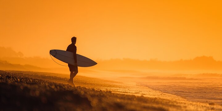 A surfer carrying a surfboard on a sandy beach at sunrise, silhouette against the golden sky, peaceful and adventurous morning lifestyle, telephoto lens.