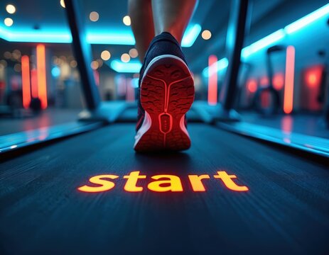 Person steps on treadmill with start glowing on floor. Modern gym setting with neon lights provides energetic workout ambiance. Focus on shoe and motion initiates fitness journey. - Powered by Adobe