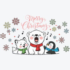 Happy polar bear, fox, penguin sing festive Christmas carols.
