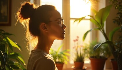 Young woman gazes out window surrounded by plants, sunlight illuminates room. Person enjoys quiet moment with greenery and natural light, feeling calm and pensive.