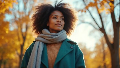 Beautiful african american woman with afro hair walks in autumn park. Young stylish girl wears teal coat, gray scarf. Enjoys warm sun, nature on golden fall day feeling serene, confident looking away