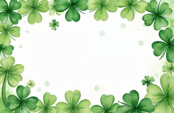 Green watercolor shamrock border frames white space perfect for St Patricks Day cards invitations or spring holiday themes. Lucky clover symbols create a festive Irish feel.