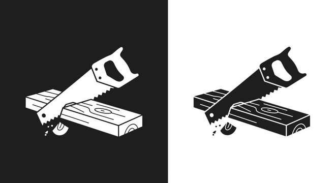 Carpentry Vector Icon of a Hand Saw Cutting Wood in a Monochrome Silhouette Style