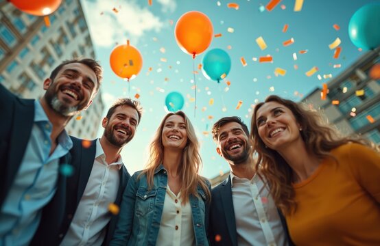 Diverse group of young business people celebrate success outdoors. Confetti, colorful balloons fill bright blue sky. Happy colleagues smile, enjoy festive corporate event. Teamwork, achievement bring - Powered by Adobe
