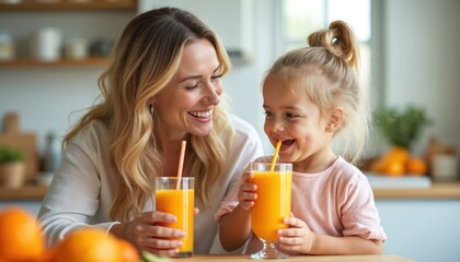 Happy mother and child drink orange juice together in a kitchen. They share a healthy lifestyle, enjoying a fresh morning beverage. Family fun indoors.