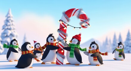 Playful Penguins Decorating a Giant Candy Cane