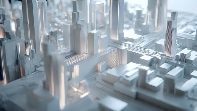 Digital Urban Landscape a Futuristic Cityscape of Geometric Buildings and Towers with Subtle Lighting - Powered by Adobe
