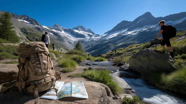A group of hikers rests on a mountain trail, with backpacks leaning, a map open, peaks rising in the distance, and a stream gurgling nearby, shown in a rugged photo with pack straps, map creases,