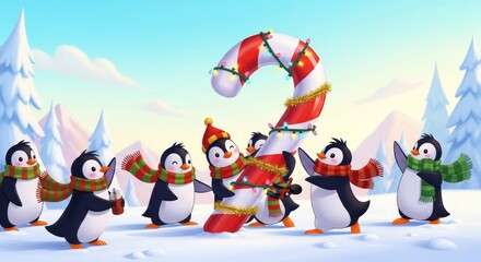 Playful Penguins Decorating a Giant Candy Cane