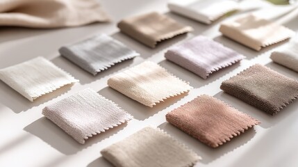 Assorted fabric swatches in neutral tones on white surface