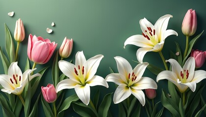 White lilies and pink tulips bloom on a green background. Floral arrangement suggests spring and Easter holidays. Fresh nature blossoms with petals.