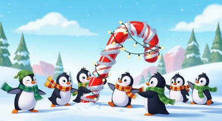 Playful Penguins Decorating a Giant Candy Cane