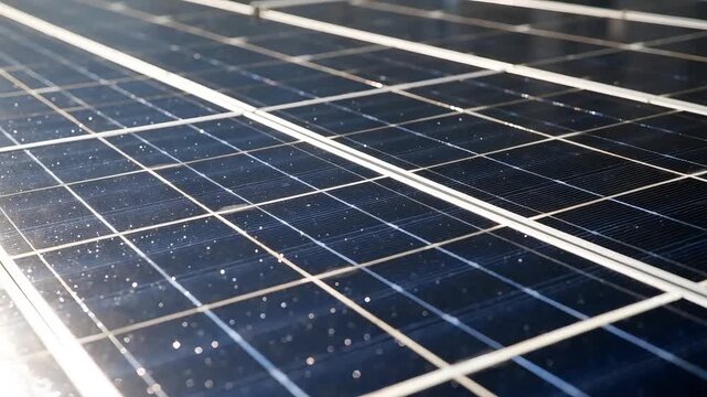 Extremely close-up detail of dark blue polycrystalline solar panel cells with thin white connecting lines and small raindrops on the surface in bright light