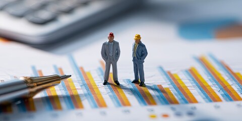 Miniature Business Figures Analyzing Financial Data and Charts on Paper in Office Environment
