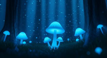 Enchanting glowing mushrooms illuminate a mystical forest floor with ethereal blue light, creating a magical and serene ambiance