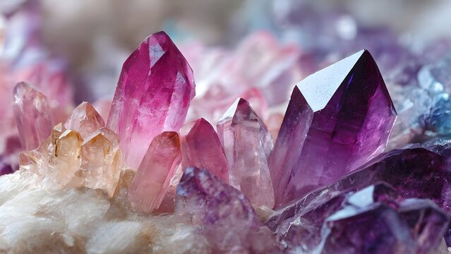 Vibrant Cluster of Rose and Amethyst Quartz Crystals Shimmering in Natural Light