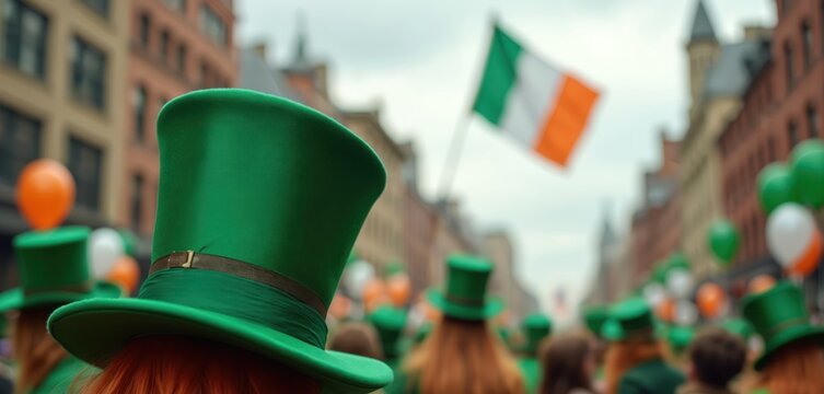 People wear green hats and celebrate St Patricks Day parade in city street. Irish flags and balloons fly in the air. Festive crowd gathers for holiday fun.